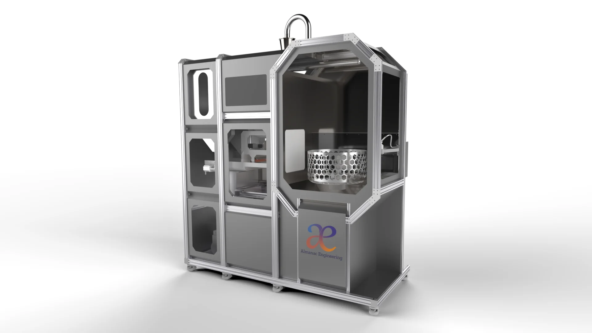The Primateria production center, with a lattice-walled metal part on the build platform inside its open build chamber.